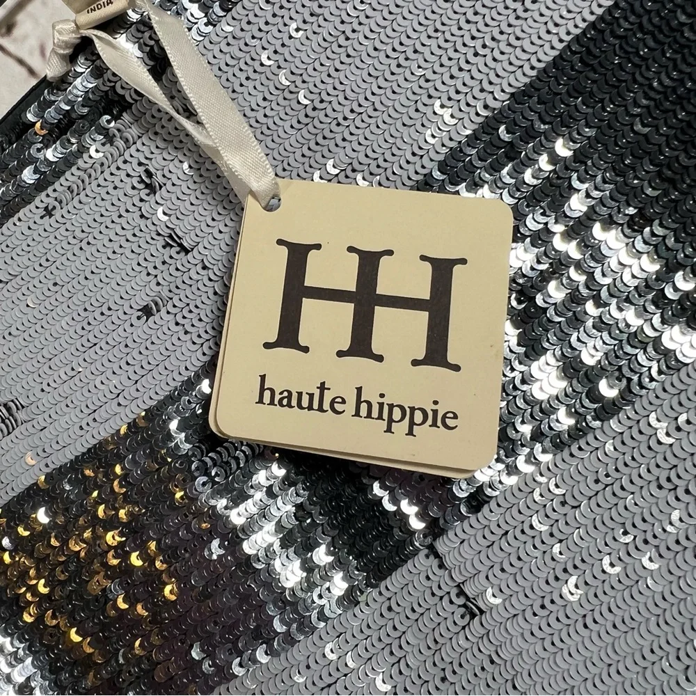 NEW Haute Hippie Striped Metallic Sequins 100% Silk Mini Skirt $395 MSRP LARGE - Picture 10 of 16